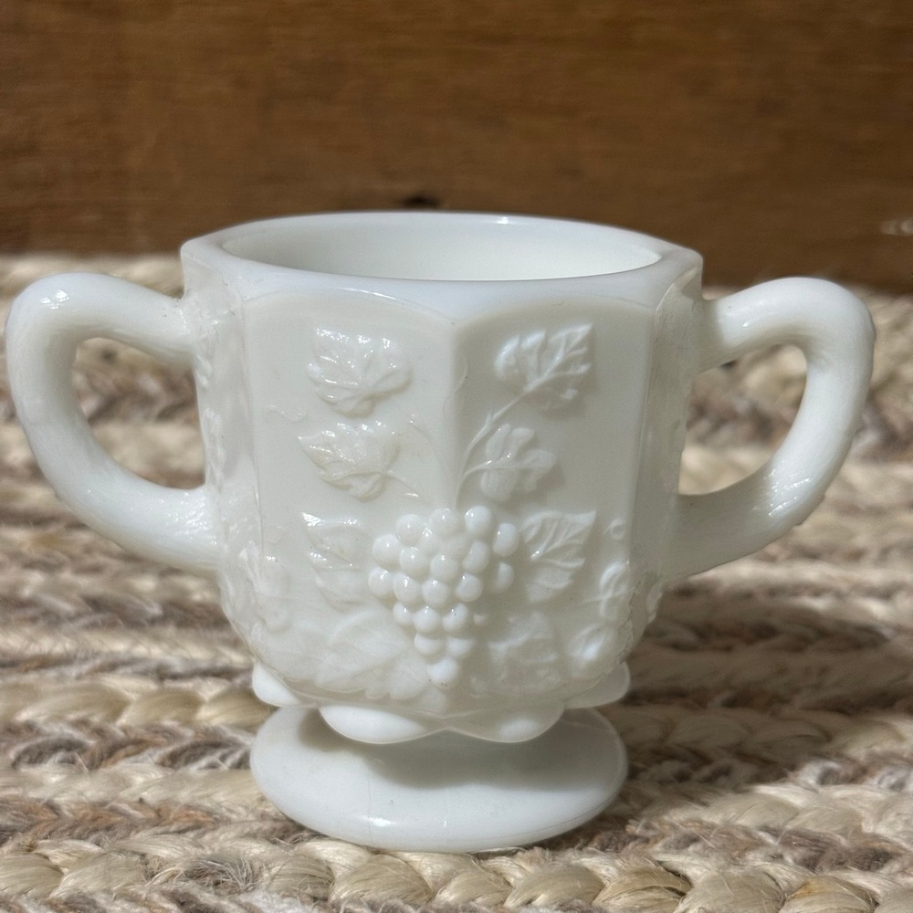 Vintage Milk Glass Sugar Bowl Creamer Embossed Grapes Leaves Footed Two Handles
